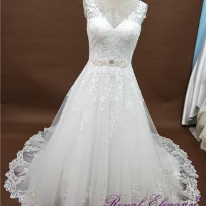 V Neckline Beaded Belt Lace Wedding Dress  