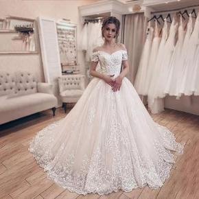 Off the Shoulder Short Sleeve Princess Lace Ball Gown