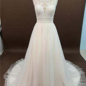 Beaded Bodice Sheer Neckline Lace A line Beach Wedding Dress