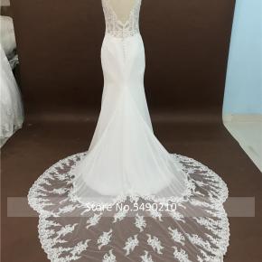 V plunge Transparent Bodice Uneven Train Chiffon Sheath Bridal Wear